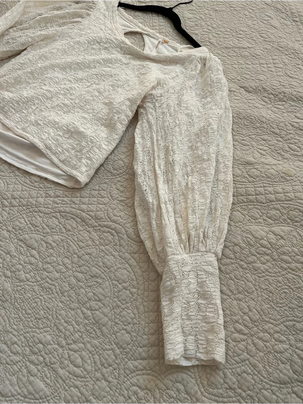 Free People Tea Time Lace Crop Top Peasant Sleeve Open back Large White